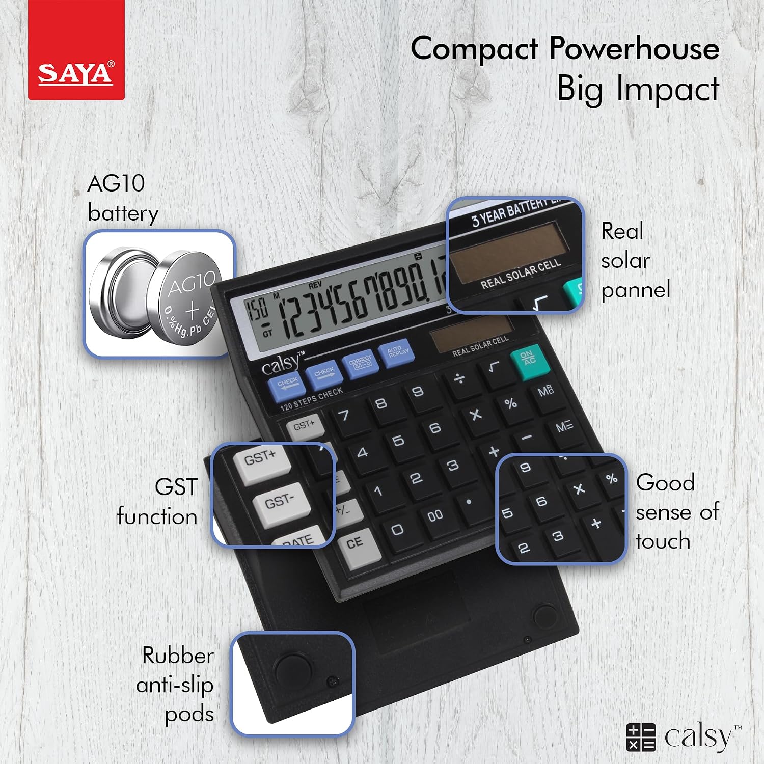 Saya Check And Correct Basic Desktop Calculator For Office & School Supplies | Ergonomic Design With Large Display | Dual Power | 1 Year Warranty | Best For Accounting, Business, Daily Use
