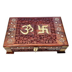 Wooden Om Box For Good Luck, Jewellery Box Decorative Case Kit, Vanity, Organiser For Women, Necklaces, Cash, Gold 11 X 7 Homely Engraved, Colour - Brown