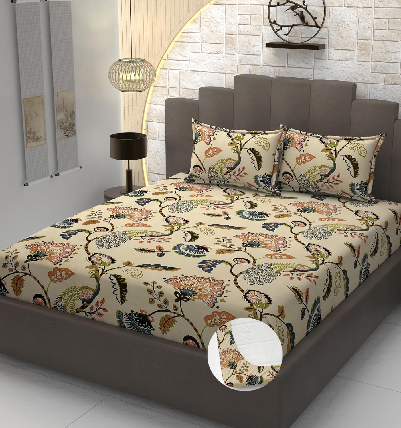 Premium Heavy Cotton Elastic Fitted King Size Bedsheet With 2 Pillow Covers - 72 X 78 X 10 Inches, Beige | All Weather Comfort & Bedroom