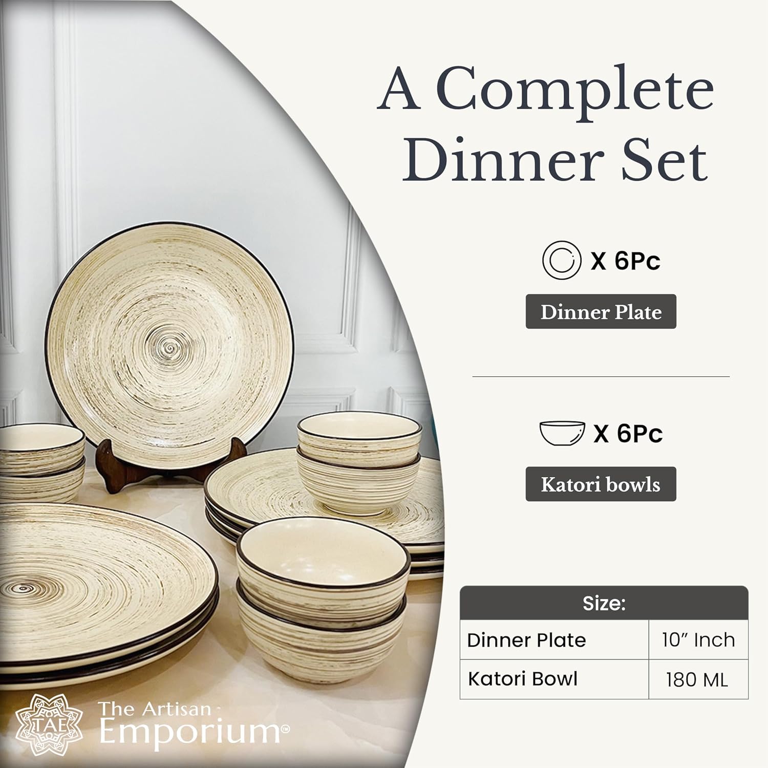 Iris Beige Handcrafted Ceramic Dinner Set - 12 Pieces | 6 Dinner Plates + 6 Katori Bowls, 180ml Each Dinnerware Set | Serving For 6, Microwave Safe & Dishwasher Safe