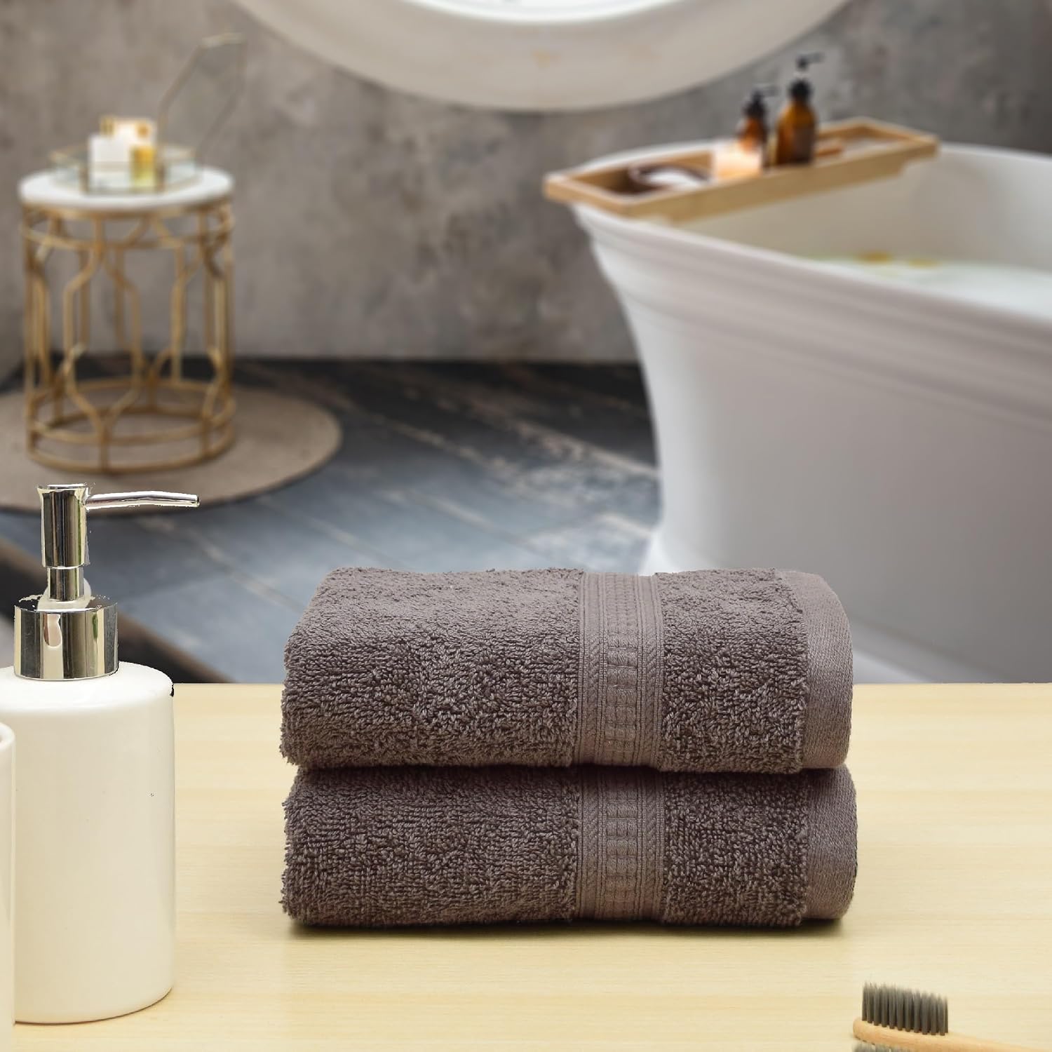 Rangoli 100% Cotton Fibre 2 Hand Towel 500 Gsm | Highly Durable & Super Absorbent Towel | Skin-Friendly & Quick Drying Luxury Towels (Ash Brown)