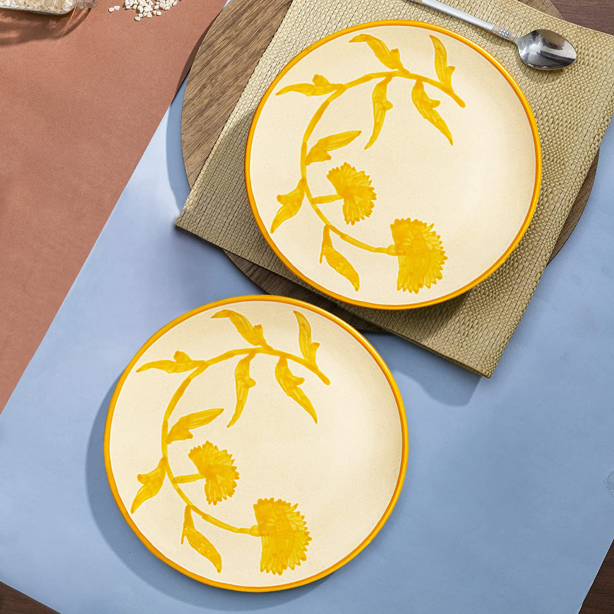 Hand Painted Ceramic Floral Dinner Serving Plates Set Of 2 - Yellow & Off White, Diameter: 10 Inches | Full Plates - The Lucid Yellow Collection