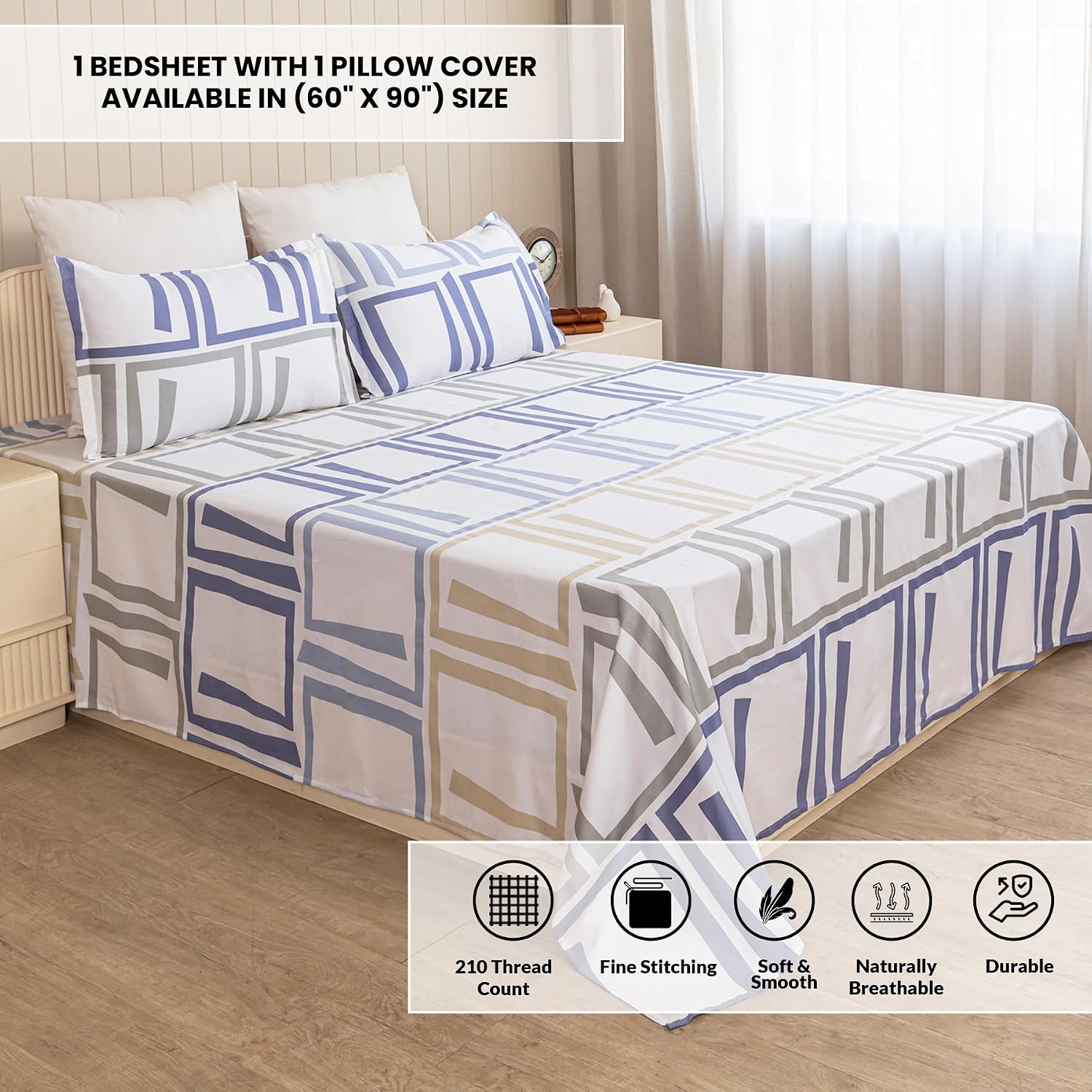 Luxurious Printed Flat Bedsheets With 1 Pillow Cover - 60 X 90 Inches, Blue & Grey | Breathable & Wrinkle Free | Soft & Durable