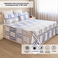 Luxurious Printed Flat Bedsheets With 1 Pillow Cover - 60 X 90 Inches, Blue & Grey | Breathable & Wrinkle Free | Soft & Durable