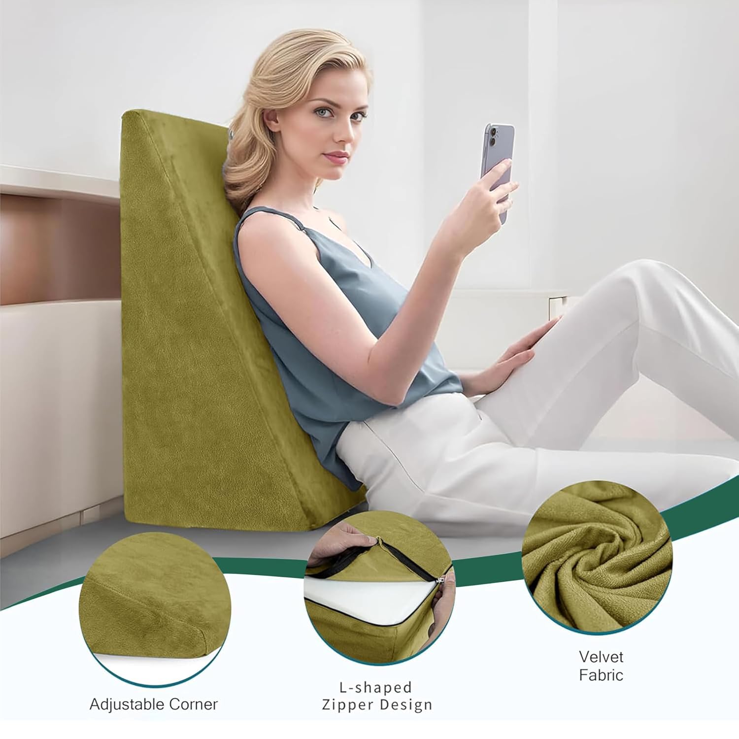Wedge Pillow, Back Support Pillow For Neck Pain, Medium Firm, Green Color | Pillow For Headaches, Reflux, Shoulders, Back Pain & High Resilience, Velvet Fabric, Adjustable Pillow - Pack Of 1