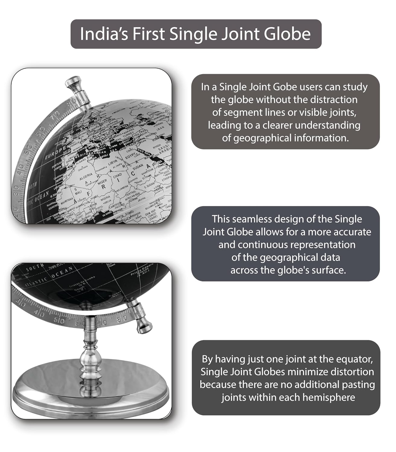 Prime Single Joint Globe, Height 33 Cm (13.2 Inch) Dia 25 Cm (10 Inch) With Metal Arc & Base | Educational & Decorative Globe, Pack Of 1
