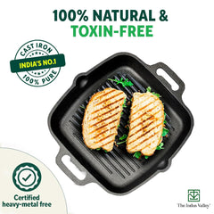 Pre-Seasoned Black Cast Iron Grill Pan With Double Handle - Medium, 26.7 Cm, 10.5 Inch, 1.8 Liters, 3.3 Kg | Induction Friendly, 100% Pure & Toxin-Free, No Chemical Coating