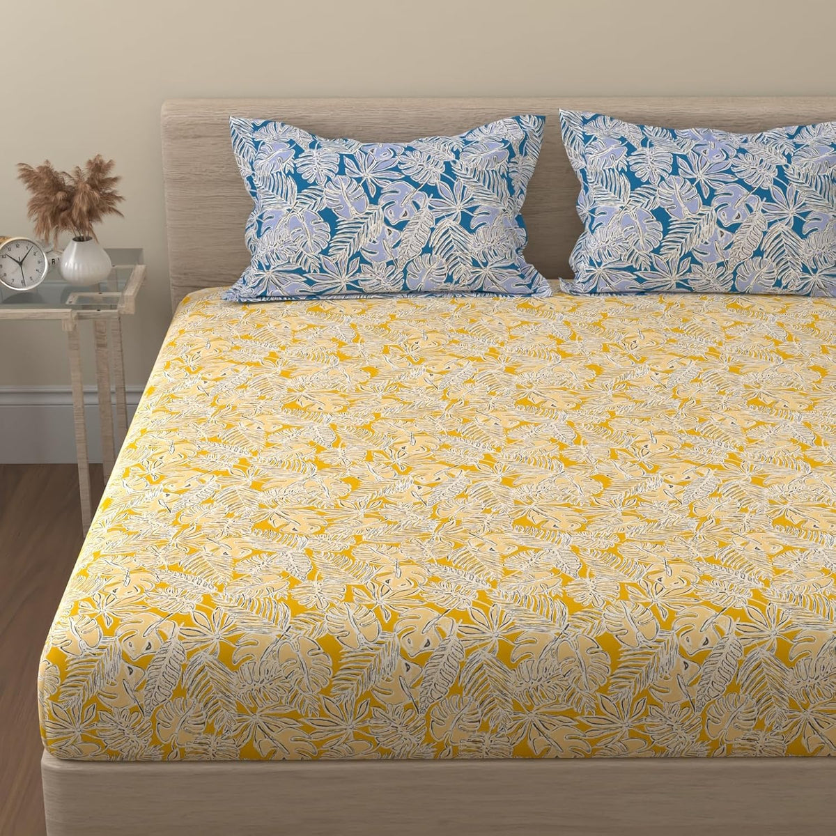 Bedsheet For Queen Size - 88 X 96 Inches, With 2 Pillow Covers, Yellow & Blue | Ideal For Daily Use & Gifting Bedsheet | Designer Printed Bedsheet Set