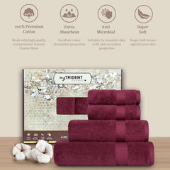 Mytrident Classic Kasturi Collection 1 Bath + 1 Small Bath & 2 Hand Towels 1200 Gsm | Highly Absorbent Towels For Bath - Fig Wine (Set Of 4)
