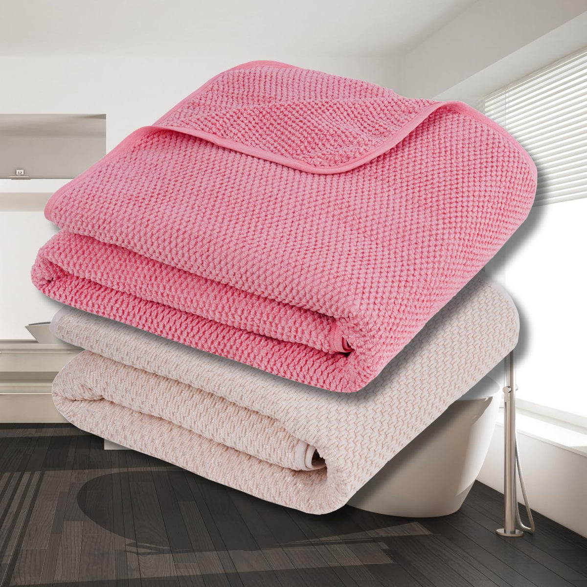 Fezora Microfiber Contler Bath Towels 700 Gsm | Large Size Bath Towel Soft & Absorbent Bath Towel For Men & Women (Peach & Cream)- Pack Of 2