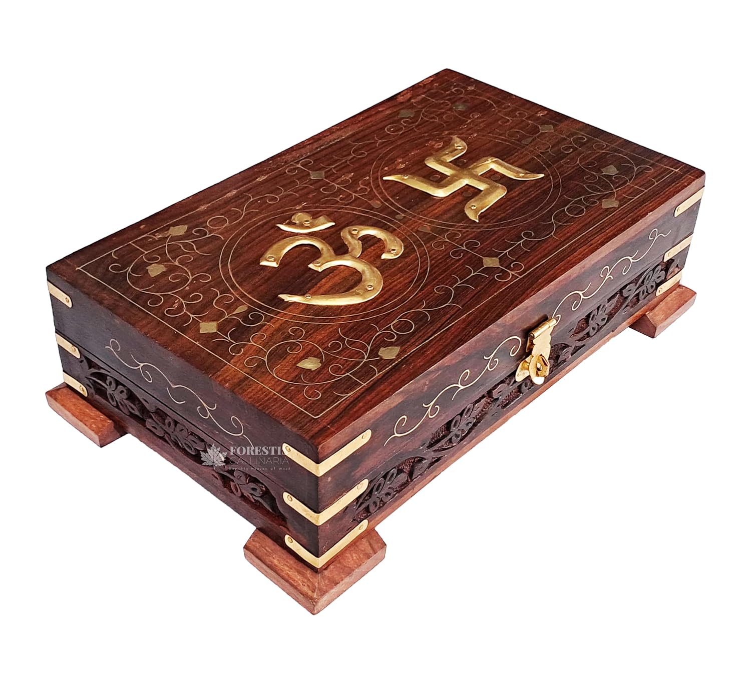 Exquisitely Hand Brass - Filled Wooden Om Box For Good Luck 10 X 6 Inches, Pedestal, Colour - Brown, Material - Seasoned & Dry Rosewood