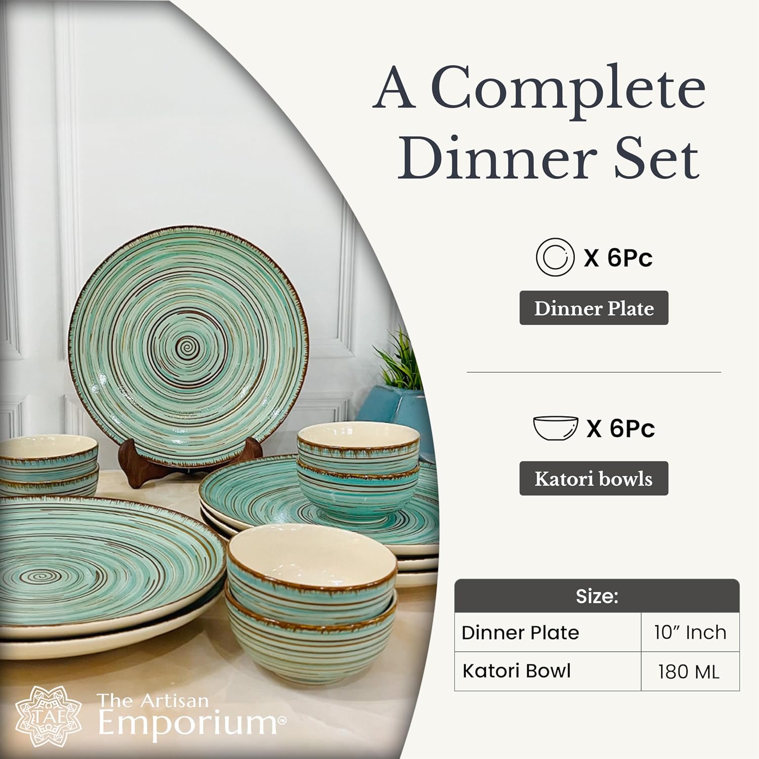 Iris Turquoise Handcrafted Ceramic Dinner Set - 12 Pieces | 6 Dinner Plates + 6 Katori Bowls, 180ml Each Dinnerware Set | Serving For 6, Microwave Safe & Dishwasher Safe
