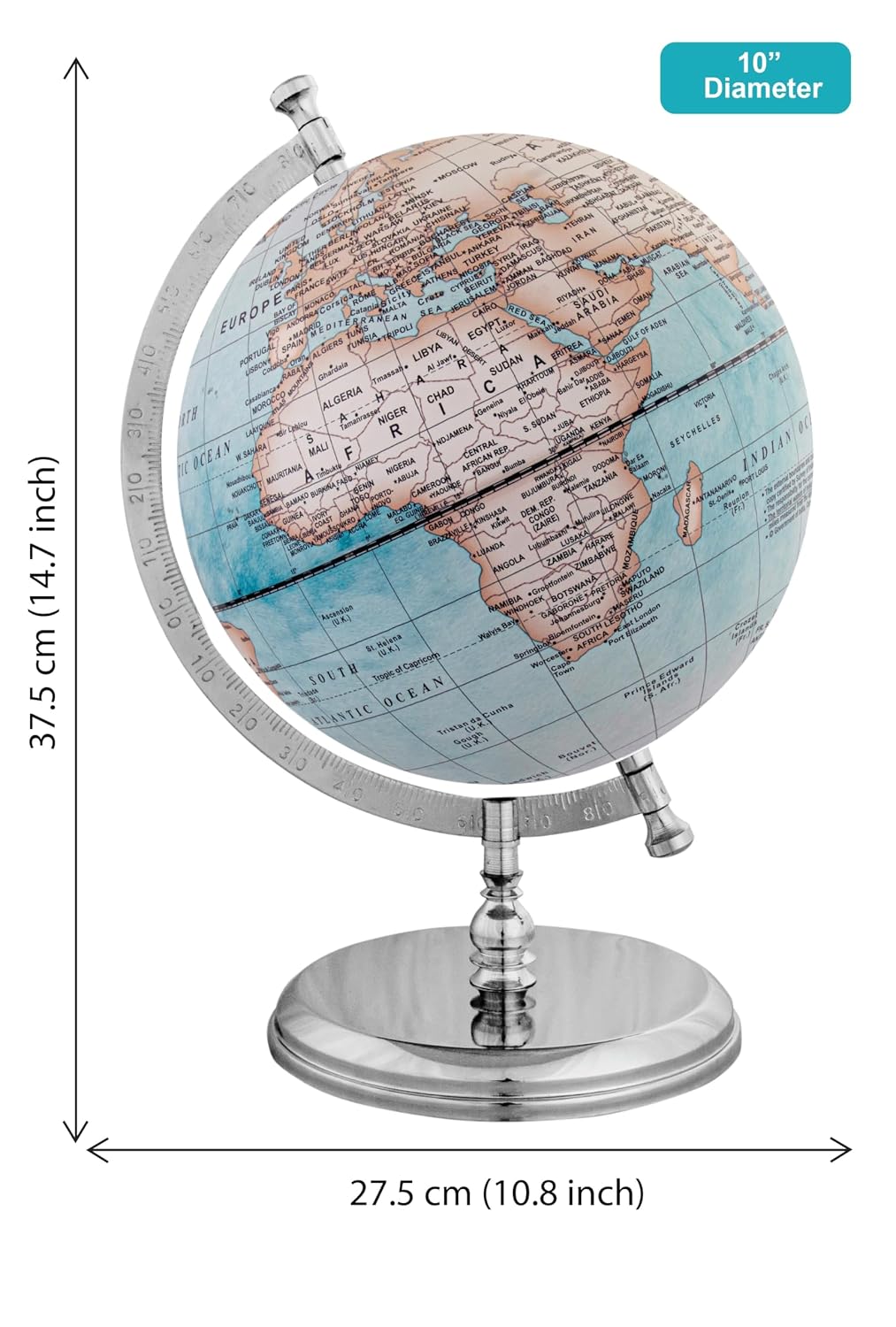 Prime Single Joint Globe, Dia 25 Cm (10 Inch) Height 33 Cm (13.2 Inch) With Metal Arc & Base | Educational & Decorative Globe, Pack of 1