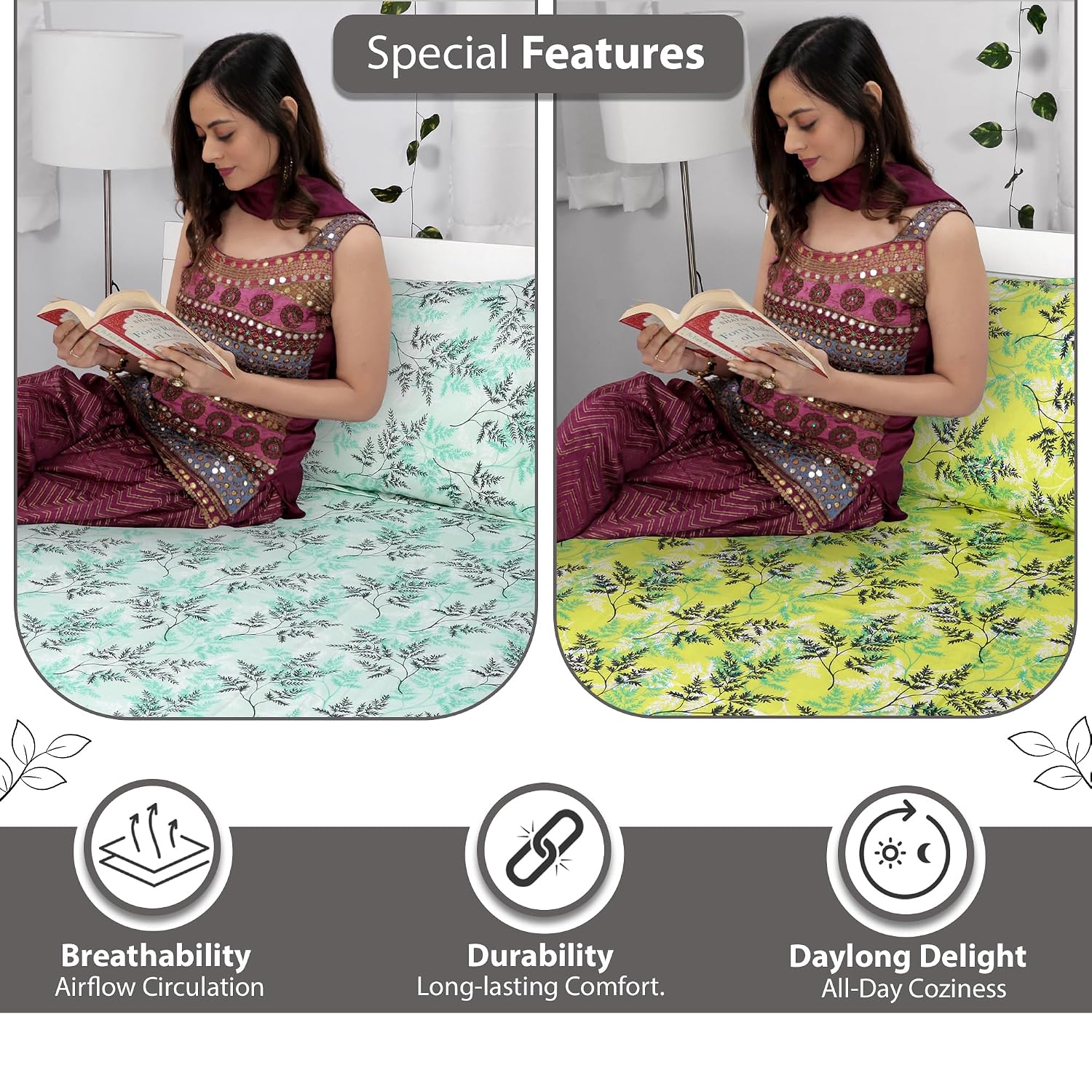 Combo 2 Single Bedsheet With 2 Pillow Cover - 57 X 87 Inches, Light Green & Sea Green | 144 Thread Count Lightweight, Soft, Skin Friendly - Everyday Use Cotton Bedsheet