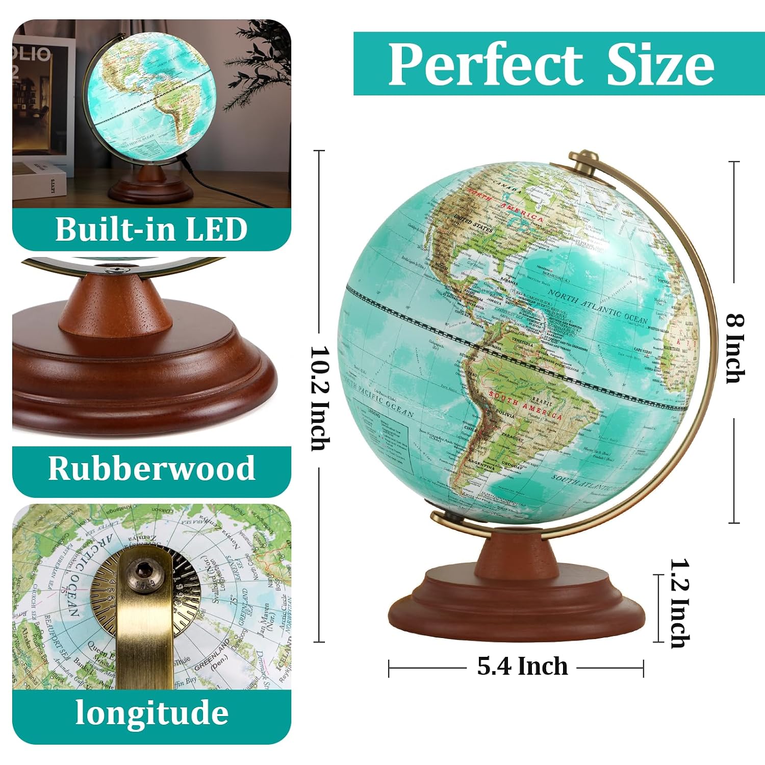 Illuminated Globe Of The World With Wooden Stand, 8'' World Globe For Kids & Adults, Geography Learning Built - Led Night Light, Home, Office, Classroom Decor, Pack Of 1