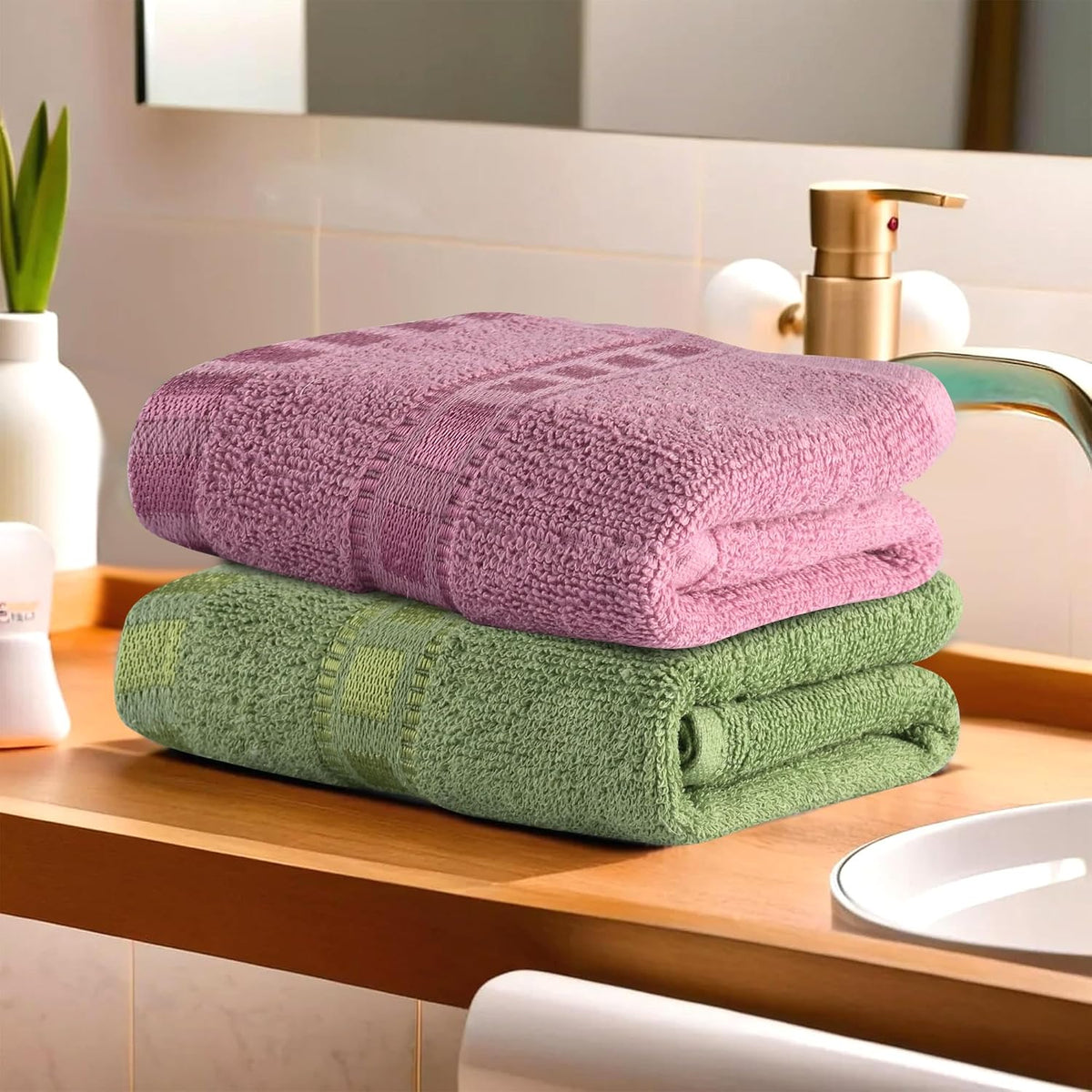Heart Home Cotton Hand & Face Towels 400 Gsm | For Men & Women Easily Washable Workout Gym Towel - Green & Pink (Pack Of 2)