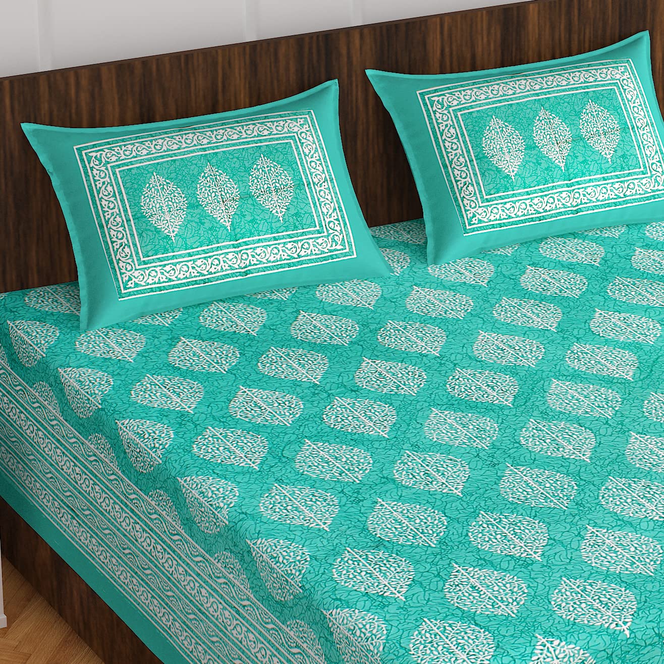 Jaipuri Traditional Queen Size Double Bedsheet With 2 King Size Pillow Covers - 90 X 100 Inches, Sea Green & White | Unique Design & Color Combination Perfectly Suits To Your Bedroom