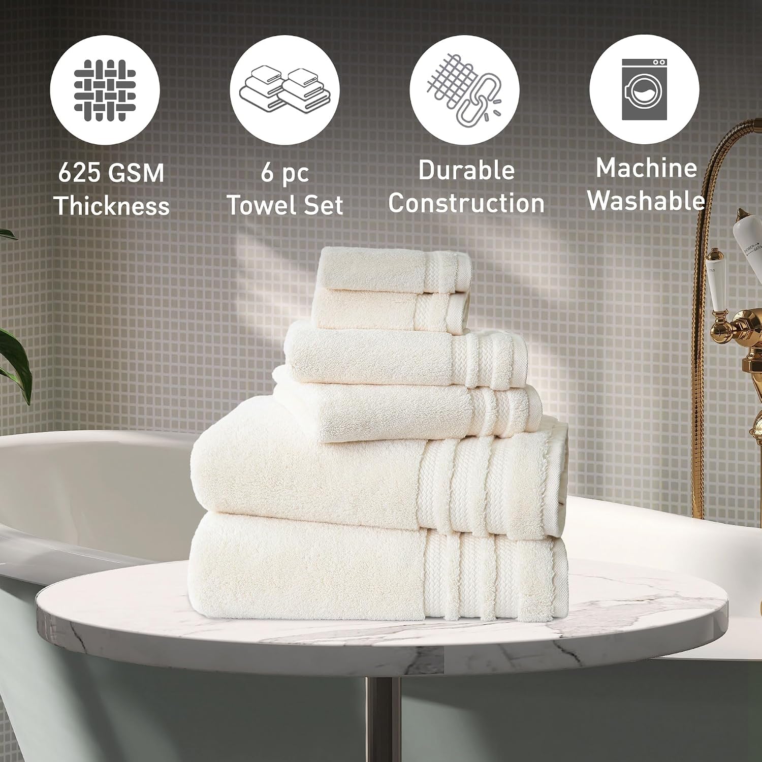 Mytrident Finesse 100% Cotton 2 Bath + 2 Hand & 2 Face Towels 1800 Gsm (Linen) -6 Piece
