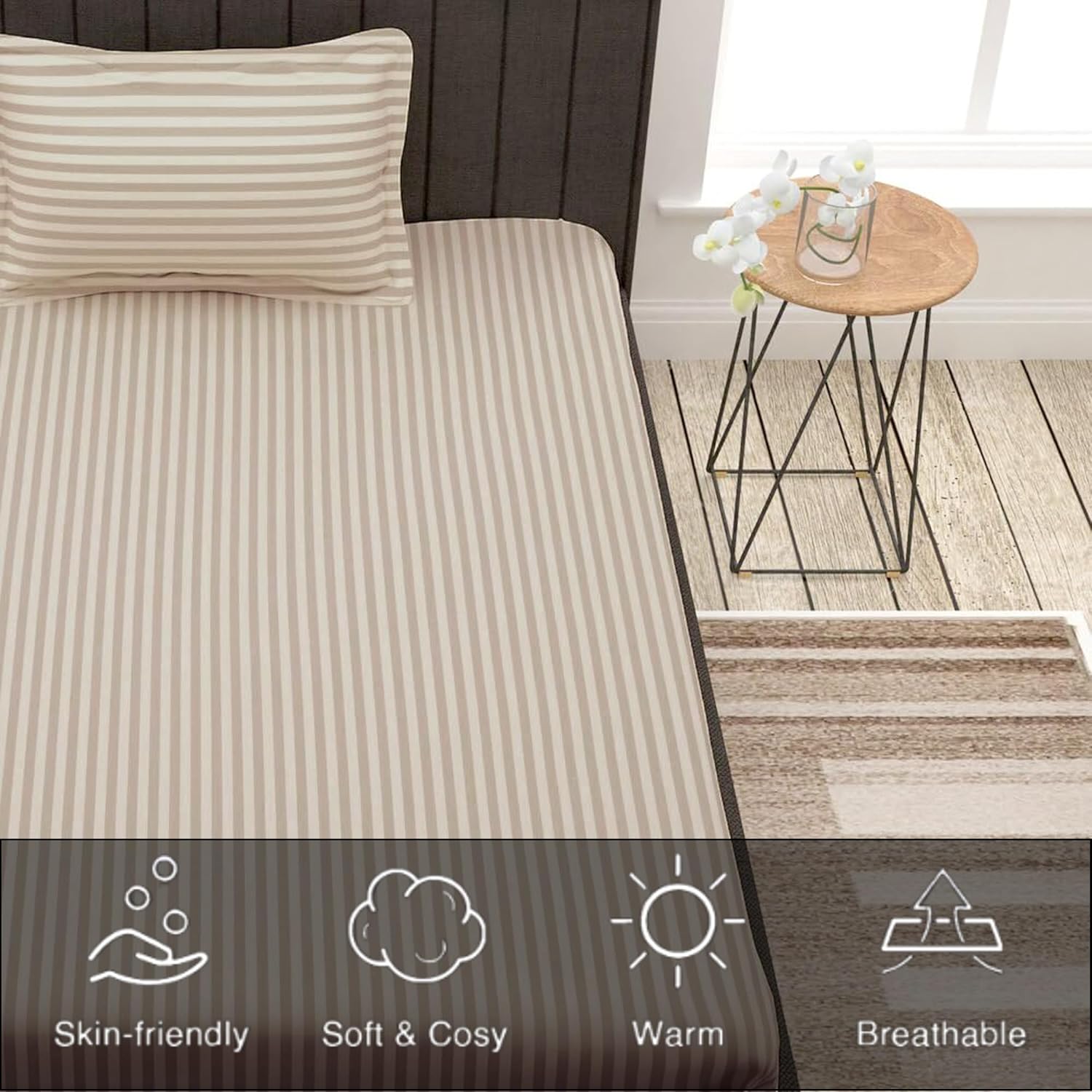 Striped Single Bedsheet With 1 Pillow Cover 60 X 90 Inches, Cream | Comfortable & Durable | Elegant Printed Bedding Set For Daily Use