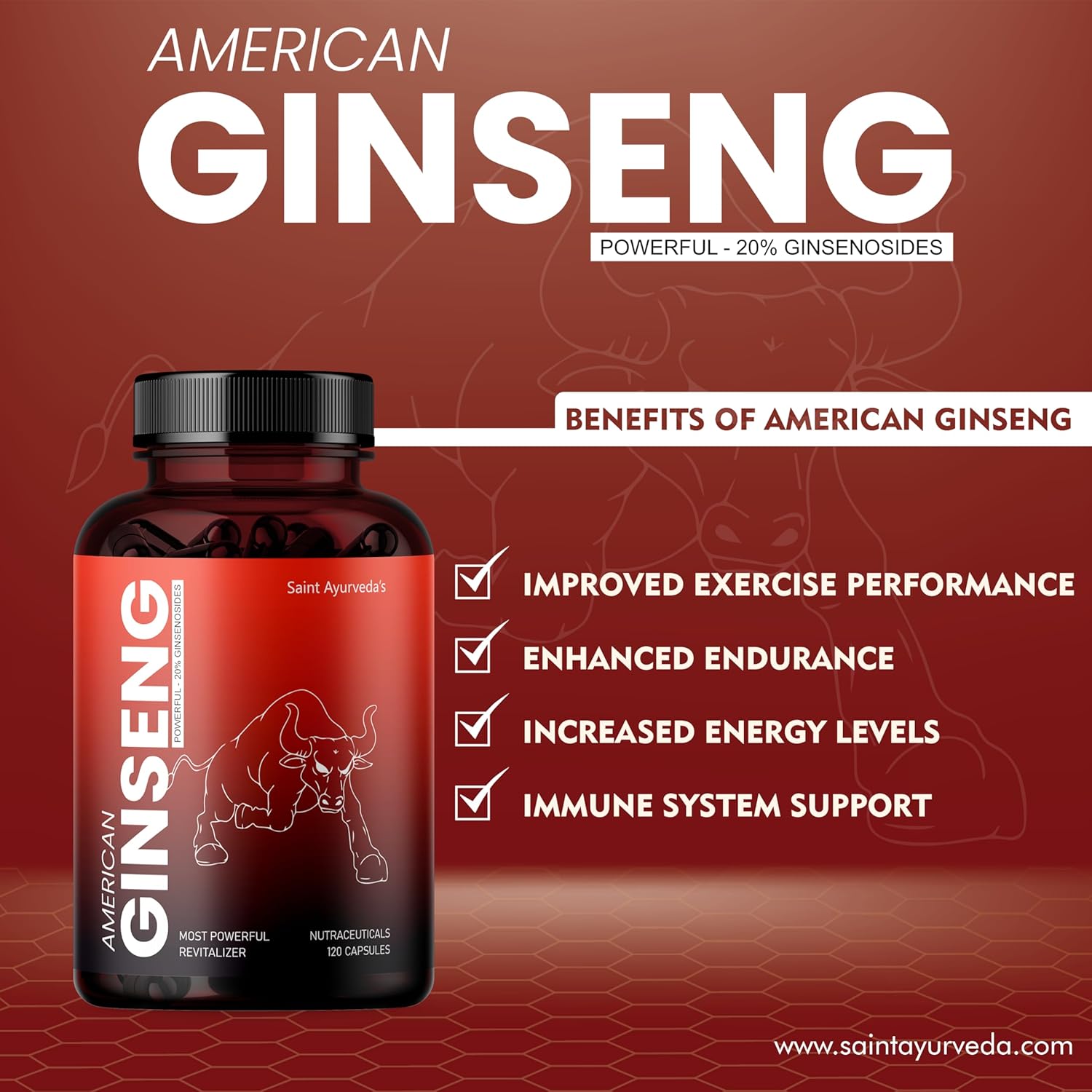 Saint Ayuveda American Ginseng Root Extract With Bio - Piperine, 1000mg Supports Energy, Vitality & Strength, For Men & Women | 120 Capsules 200gm 0.4lbs