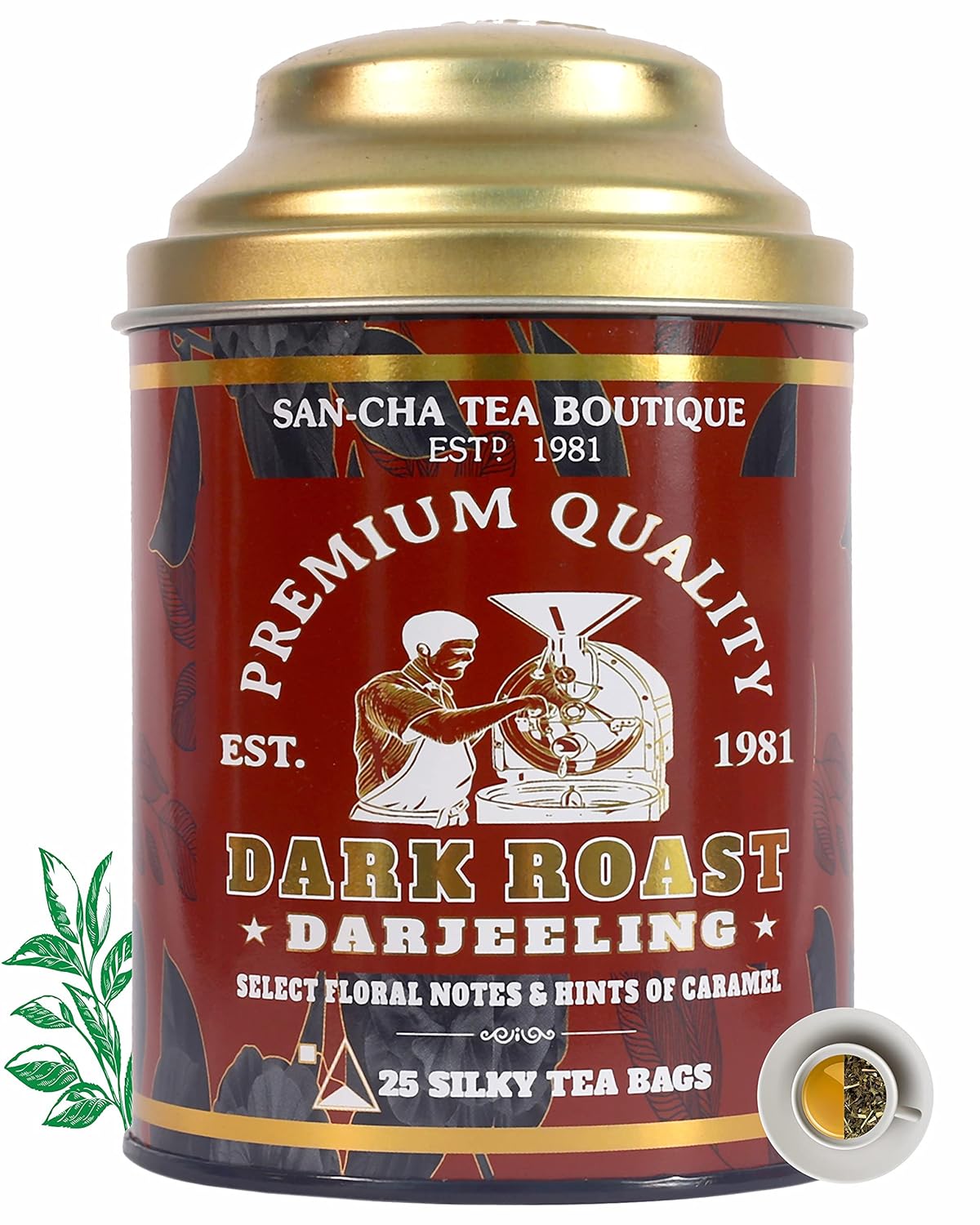 San-Cha Dark Roast Darjeeling Tea - 25 Silky Tea Bags | Select Floral Notes & Hints Of Caramel - Golden Orange Pekoe Tea | Medium Caffeine