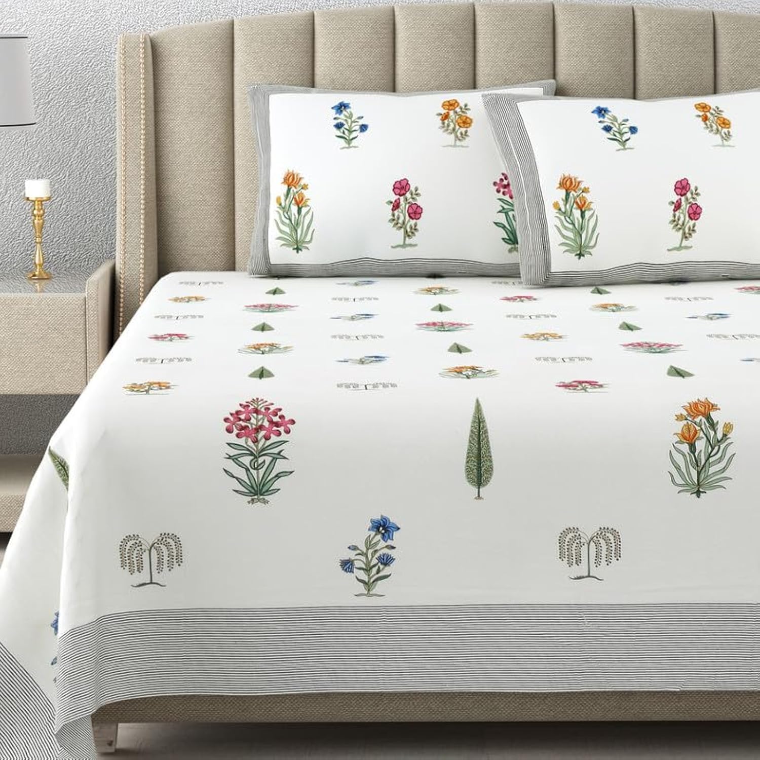 100% Cotton King Size Bedsheet With 2 Matching Pillow Covers - 90 X 108 Inches, White | Designer Printed Bedsheet Set - Naturally Soft, Breathable, & Skin-Friendly