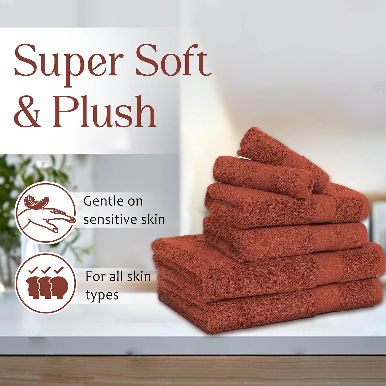 Ambra Linens 500 Gsm Highly Absorbent Towels Set 100% Cotton Soft & Plush All Seasons Use Large Everyday Use Durable Face, Bath & Hand Towels (6 Pieces, Dark Rust)