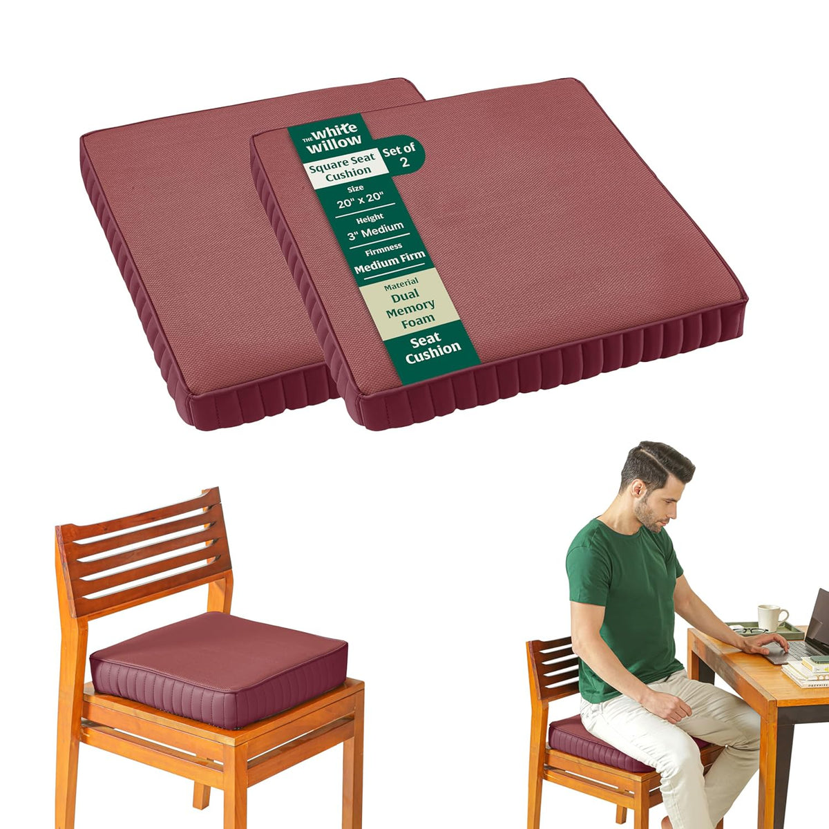 Chair Cushion Pad, High-Resilience & Memory Foam Pillow, Berry, XL King Size - 20 L X 20 W X 3 H inch | Seat Cushion For Chair, Hip Support & Back Pain Relief | Sitting Pillow - Set Of 2
