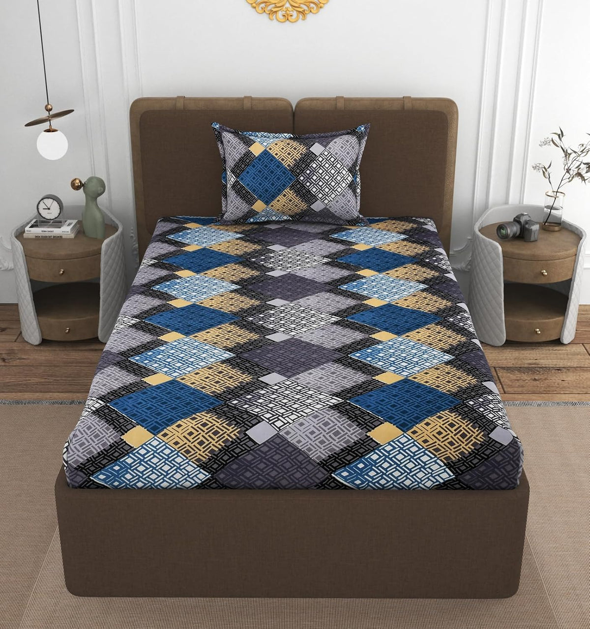 1 Single Bedsheet With 1 Pillow Cover - All Around Elastic Fitted | 100% Premium Fabric Is Lightweight, Soft & Comfortable | Size 36 X 72 X 8 Inches, Grey & Blue