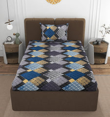 1 Single Bedsheet With 1 Pillow Cover - All Around Elastic Fitted | 100% Premium Fabric Is Lightweight, Soft & Comfortable | Size 36 X 72 X 8 Inches, Grey & Blue
