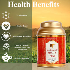 San-Cha Tea Boutique Royal Saffron Masala Chai - 50gm, 1.7 Ounce | Blend Of Real Kashmir Saffron With Cardamom - Ginger & Cinnamon Kesar Chai | Medium Caffeine