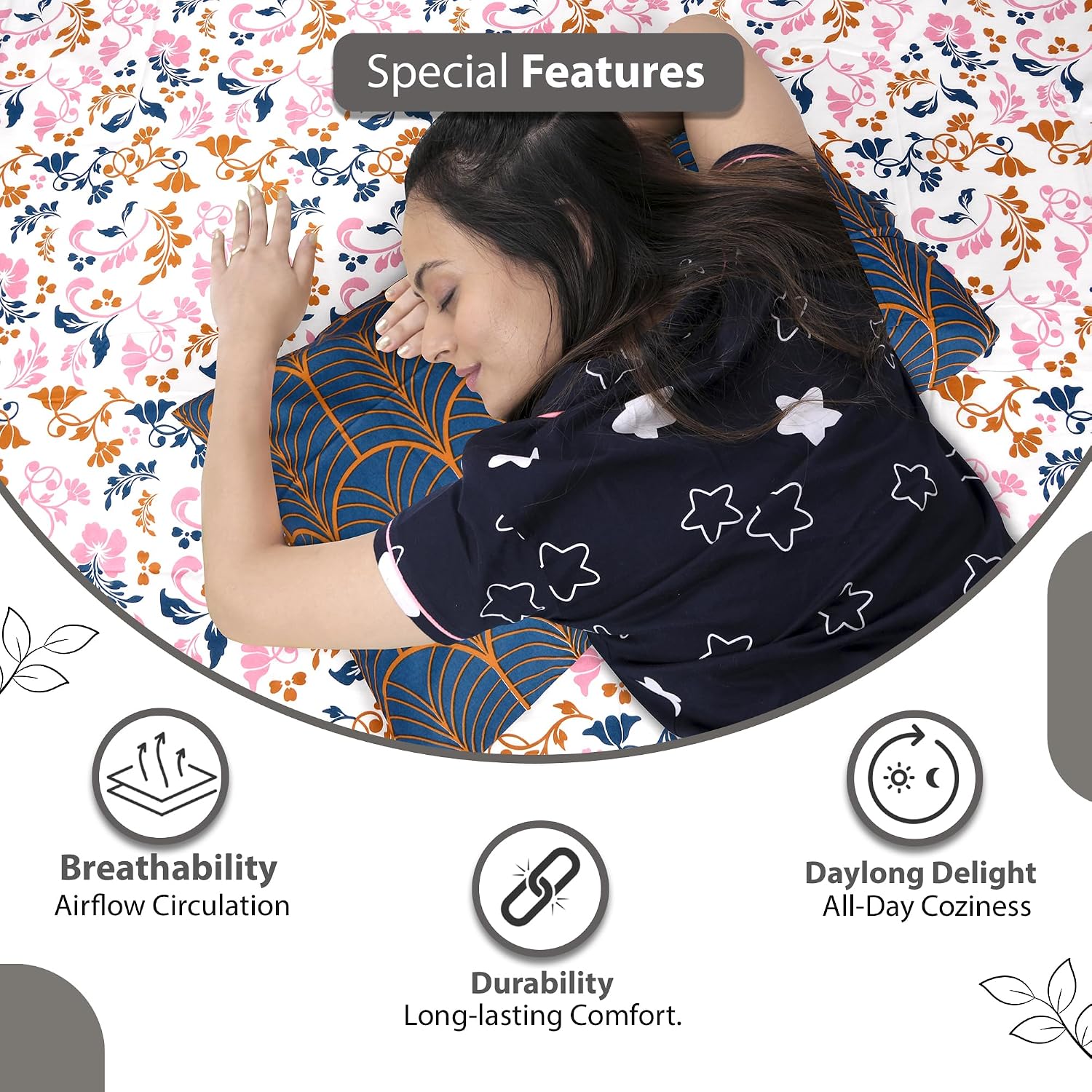 Cotton Double Bedsheet With 2 Pillow Covers | 87 X 100 Inches, Multicolor - Soft & Breathable Fabric | Comfortable For Daily Use