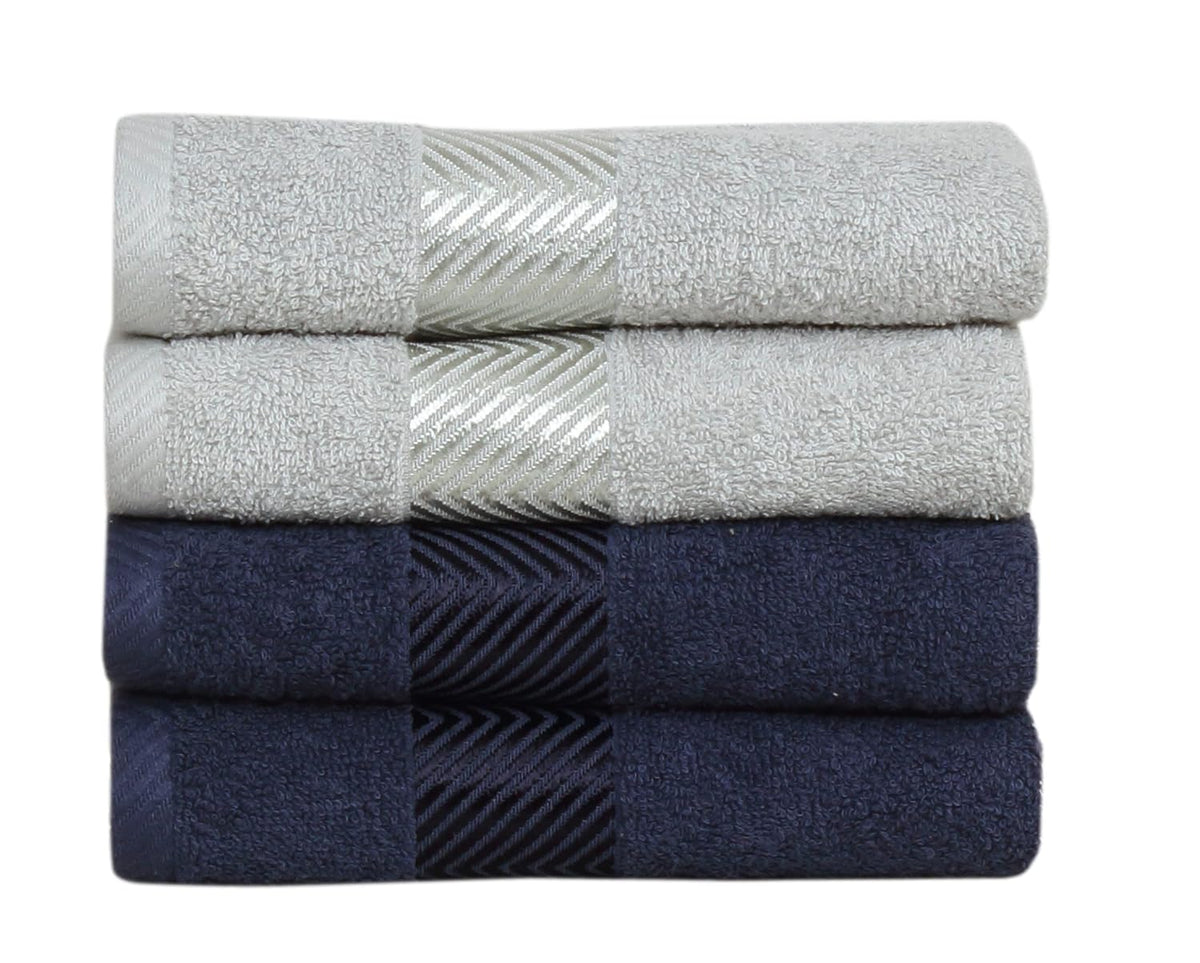 Fash Home International 100% Cotton Ultra Soft & Super Absorbent Antibacterial Hand Towel 500 Gsm (Navy Blue & Silver) - Pack Of 4