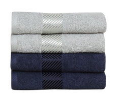 Fash Home International 100% Cotton Ultra Soft & Super Absorbent Antibacterial Hand Towel 500 Gsm (Navy Blue & Silver) - Pack Of 4