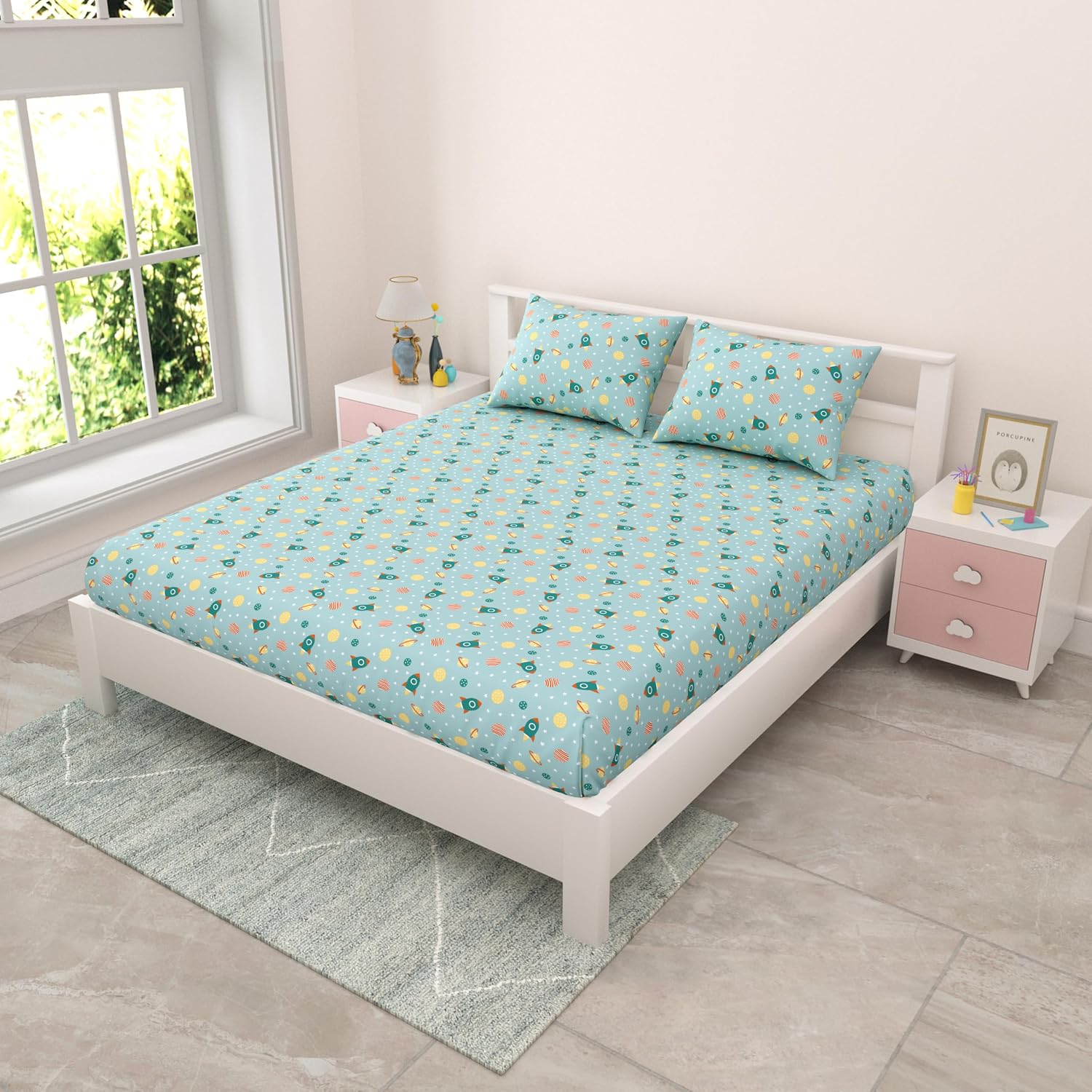 Pure Cotton Kids Bedsheet Double Bed Queen Size With 2 Pillow Covers | 90 X 100 Inches, Aruba Blue | Fun Cartoon Theme, Soft & Breathable Fabric