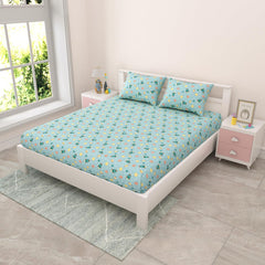 Pure Cotton Kids Bedsheet Double Bed Queen Size With 2 Pillow Covers | 90 X 100 Inches, Aruba Blue | Fun Cartoon Theme, Soft & Breathable Fabric