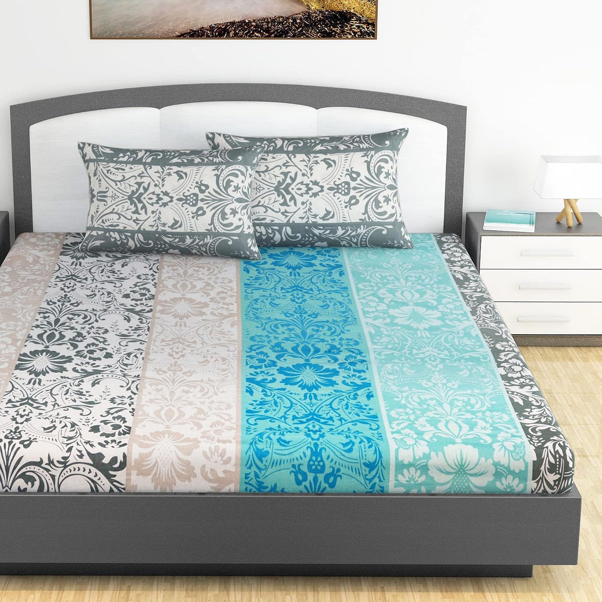 100% Cotton Double Bedsheet For King Size With 2 Pillow Covers | 108 X 108 Inches, Grey & Blue - Perfect For Home, Guest House, Hotel | Soft, Breathable & Comfortable