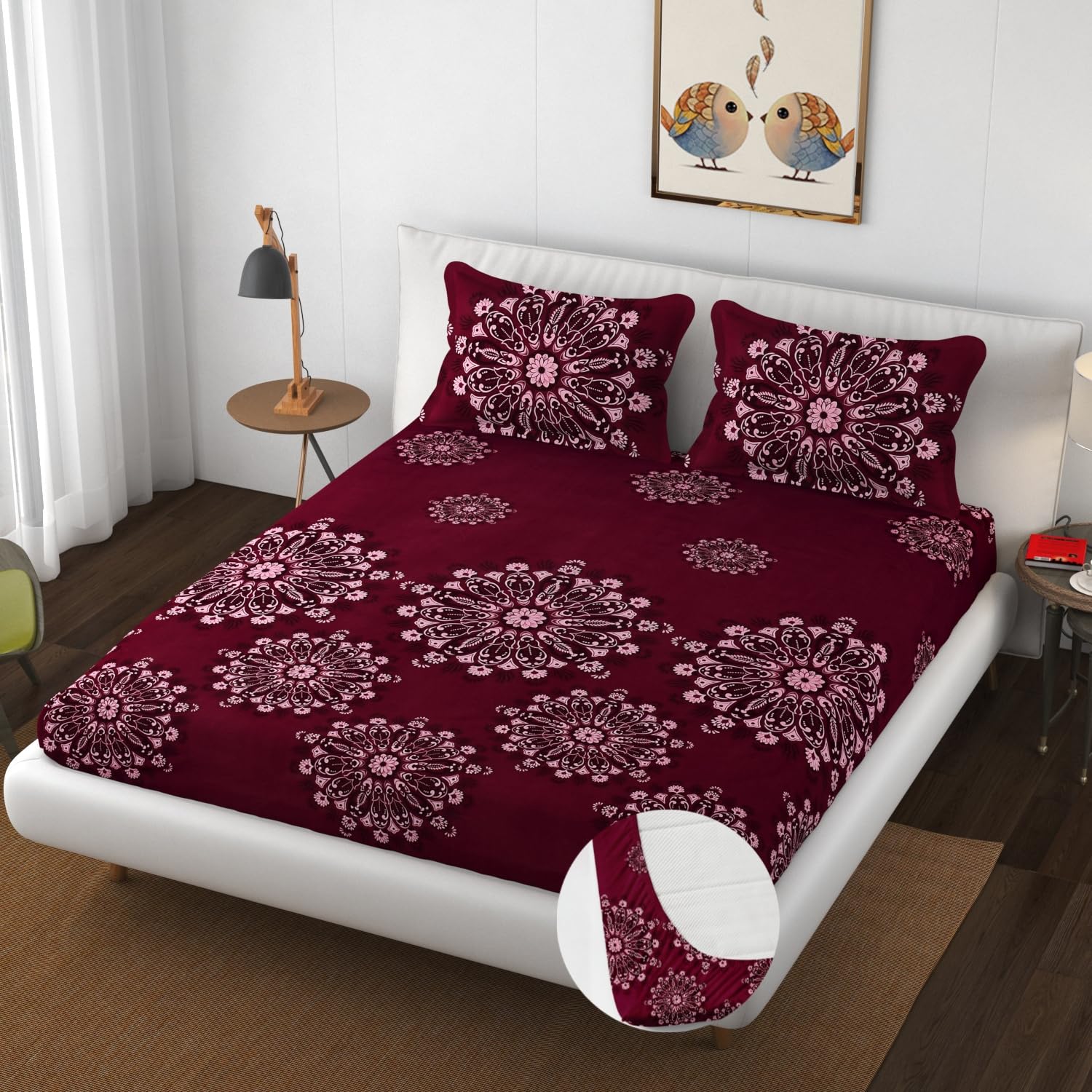 Premium Heavy Cotton Elastic Fitted Bedsheets With 2 King Size Pillow Covers | 72 X 78 Inches, Maroon - Double Bed With All Around Elastic | 350 Thread Count