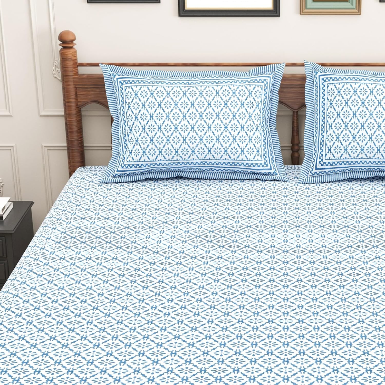 Pure Cotton King Size Bedsheet 2 Matching Pillow Covers | 100x108 Inches, White & Sky Blue | Traditional Jaipuri Printed Bedsheet | Ideal Wedding Gift, Housewarming, Special Occasion Surprise