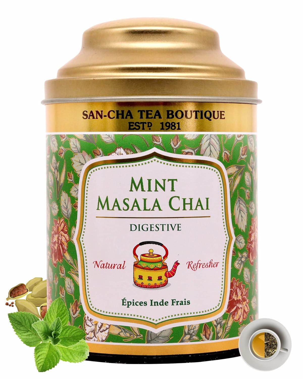 San-Cha Tea Boutique Mint Masala Chai - 100gm, 3.5 Ounce | Ginger & Cardamom Blended Pure Assam Tea - Real Mint Leaves | Spiced Masala Chai Patti - Medium Caffeine