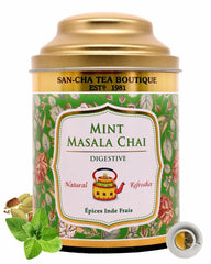 San-Cha Tea Boutique Mint Masala Chai - 100gm, 3.5 Ounce | Ginger & Cardamom Blended Pure Assam Tea - Real Mint Leaves | Spiced Masala Chai Patti - Medium Caffeine