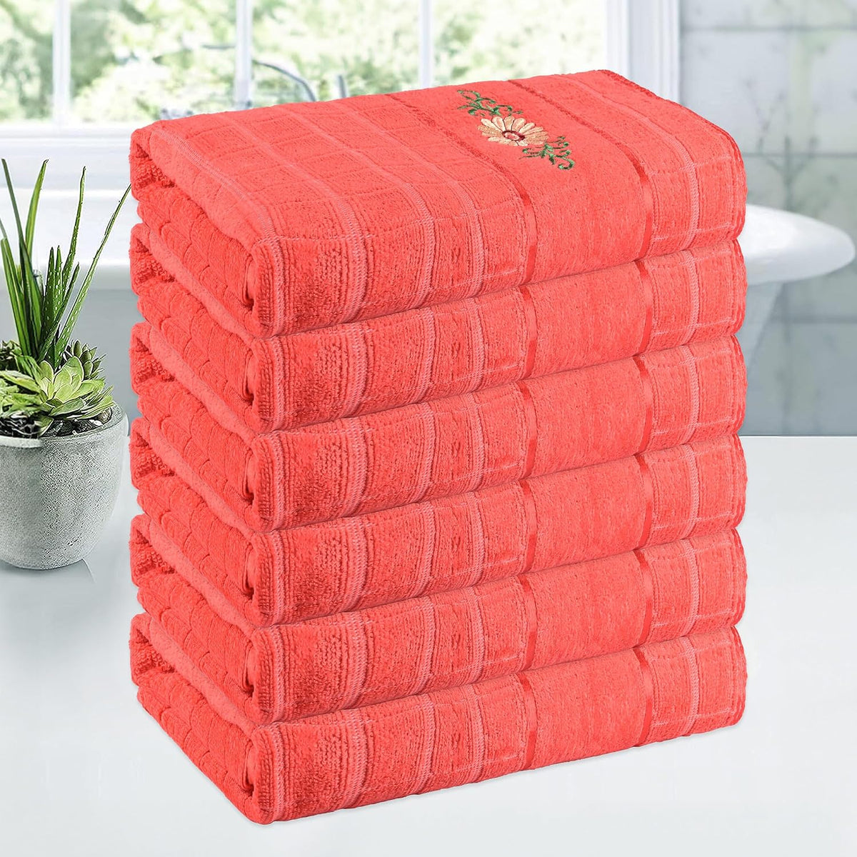 Kuber Industries Rectangle Super Absorbent Bath Towel 3000 Gsm | Soft & Comfortable Swimming & Bathing Towels | Gold Flower (Orange)- Pack Of 6