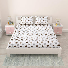 Pure Cotton Kids Bedsheet Double Bed Queen Size With 2 Pillow Covers | 90 X 100 Inches, White & Brown | Fun Cartoon Theme, Soft & Breathable Fabric