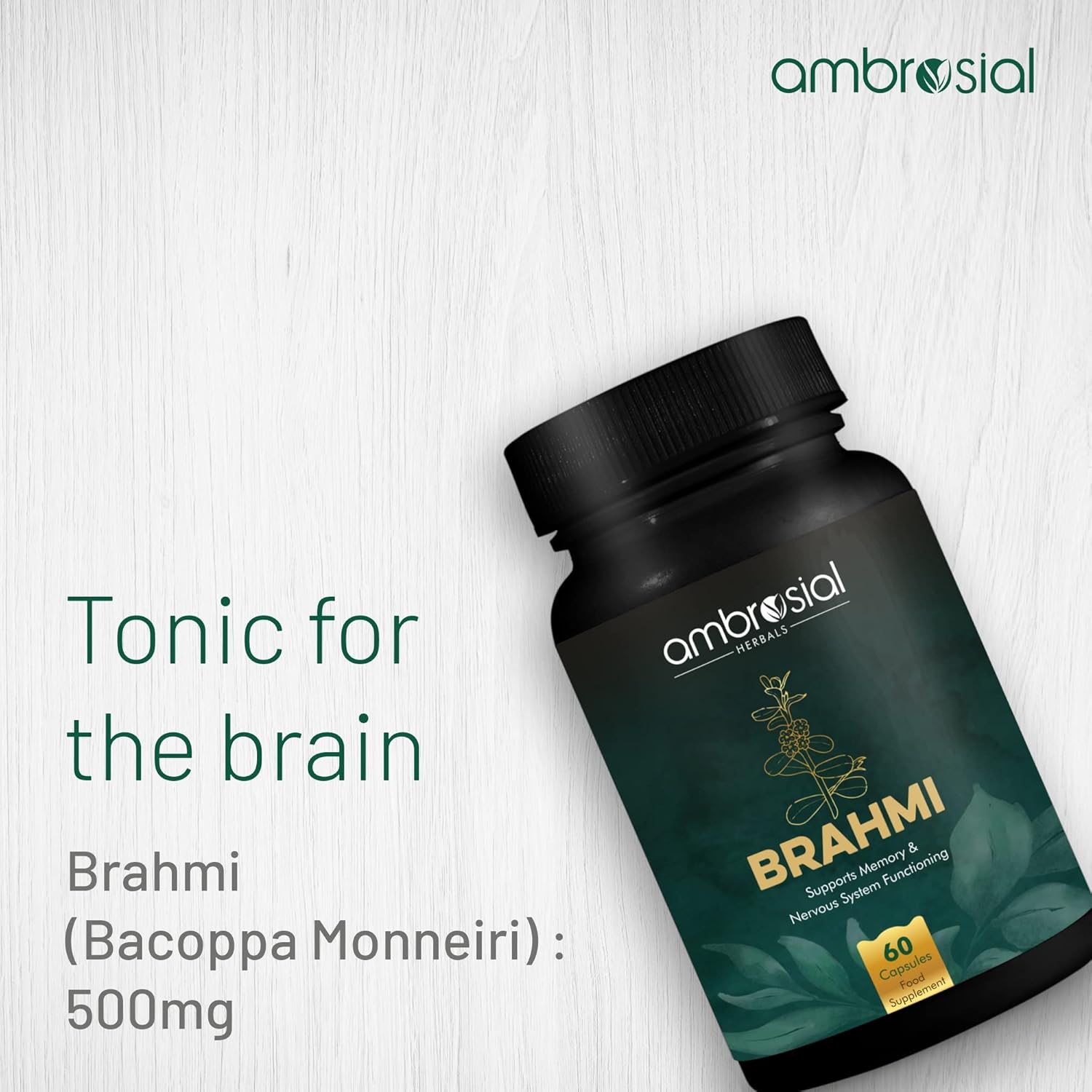 Ambrosial Brahmi Capsules 500mg Each Bacopa Monnieri , High Strength Brain Nootropics Supplements To Enhance Memory, Focus, Mental Performance & Energy | 60 Capsules 100gm 0.2lbs