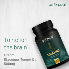 Ambrosial Brahmi Capsules 500mg Each Bacopa Monnieri , High Strength Brain Nootropics Supplements To Enhance Memory, Focus, Mental Performance & Energy | 60 Capsules 100gm 0.2lbs