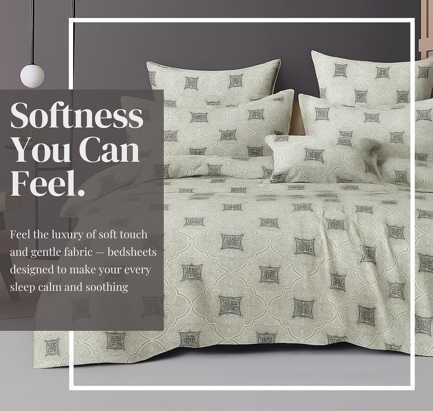 Cotton Double Bedsheets King Size With 2 Pillow Covers | Size 78 X 72+10 Inches, Grey & White-All Around Elastic Fitted Design Bedsheet