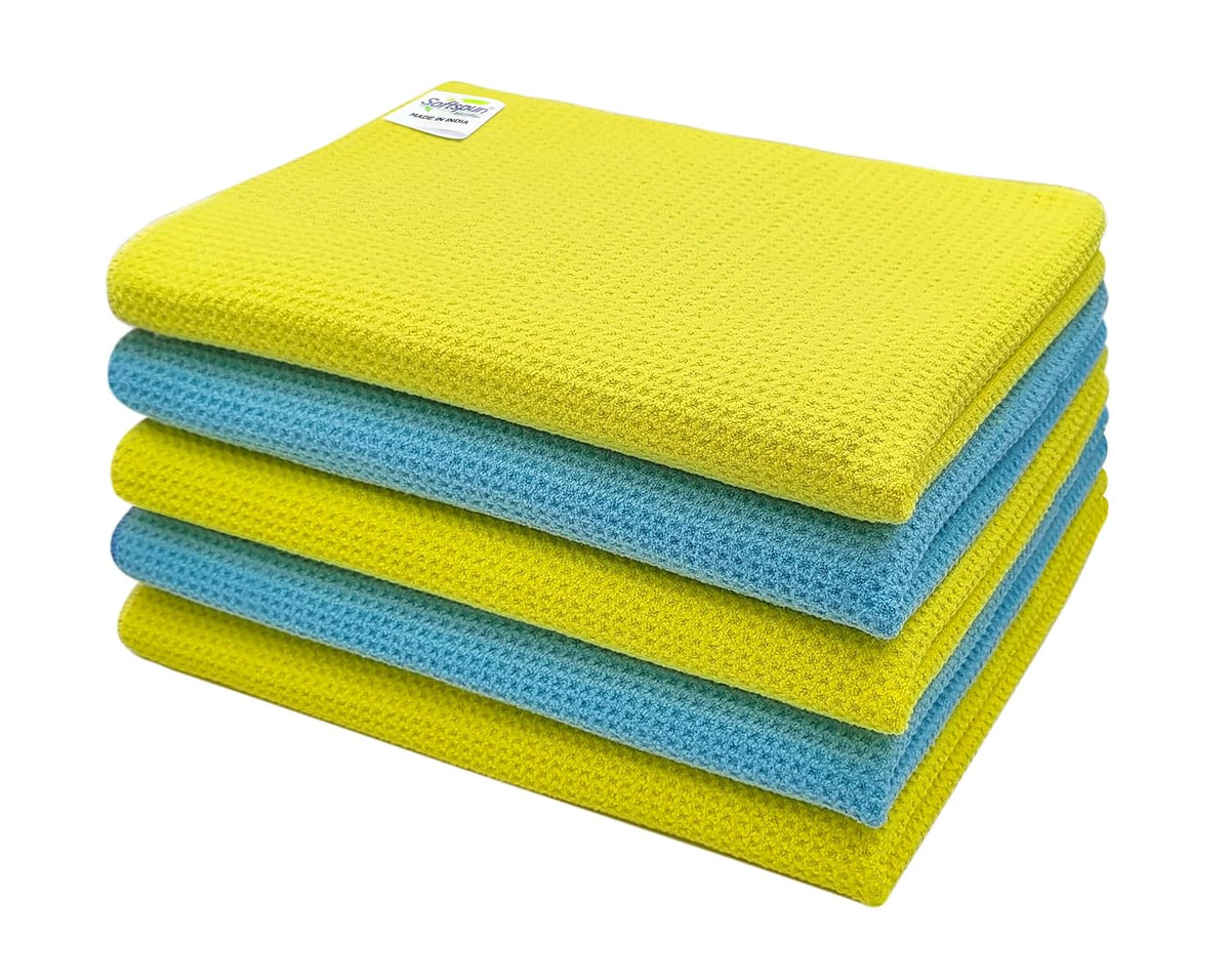Softspun Microfiber Waffle Weave Cloths Towel 350 Gsm | Multipurpose Highly Absorbent Lintstreak Free Wash Cloth (5 Piece) -Yellow & Sky Blue