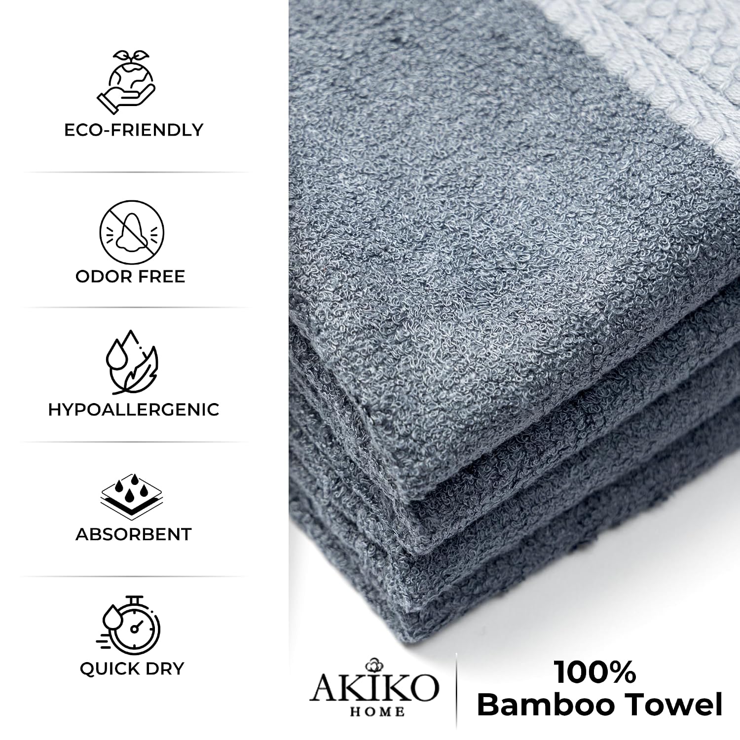 Akiko Home 100% Bamboo Face Towel 500 Gsm | Quick Dry, Super Soft, Anti Bacteria, Fast Absorbent, Eco Friendly, Hypoallergenic, Odor Resistant Face Towel | Pack Of 4 (Charcoal)