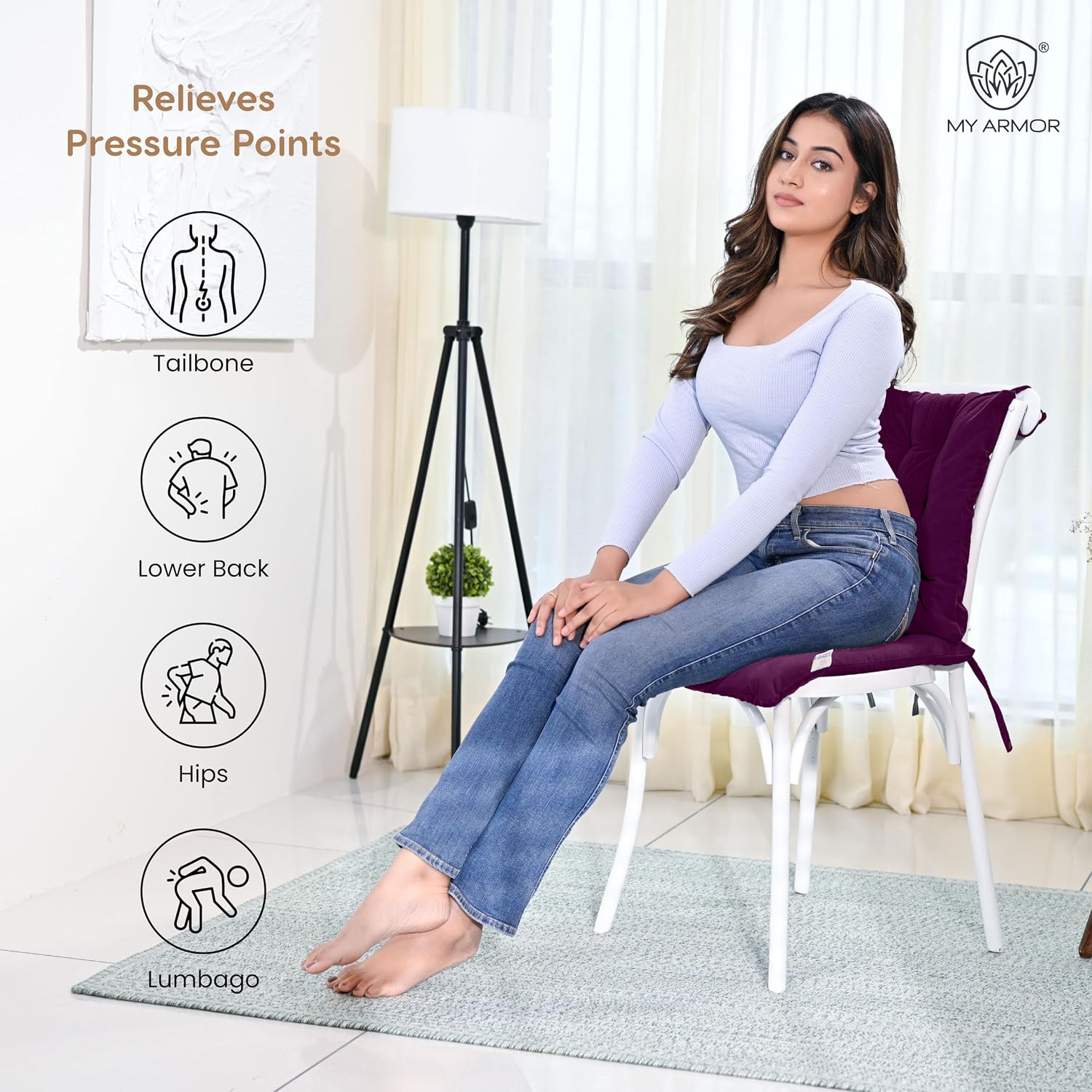 Square Chair Pads Cushion, For Comfortable Sitting, Purple Color - 40 X 40 Cm | Seat Cushions With Ties For Sitting, Pooja, Dining & Office Table | Furniture Cushion, Washable - Pack Of 1