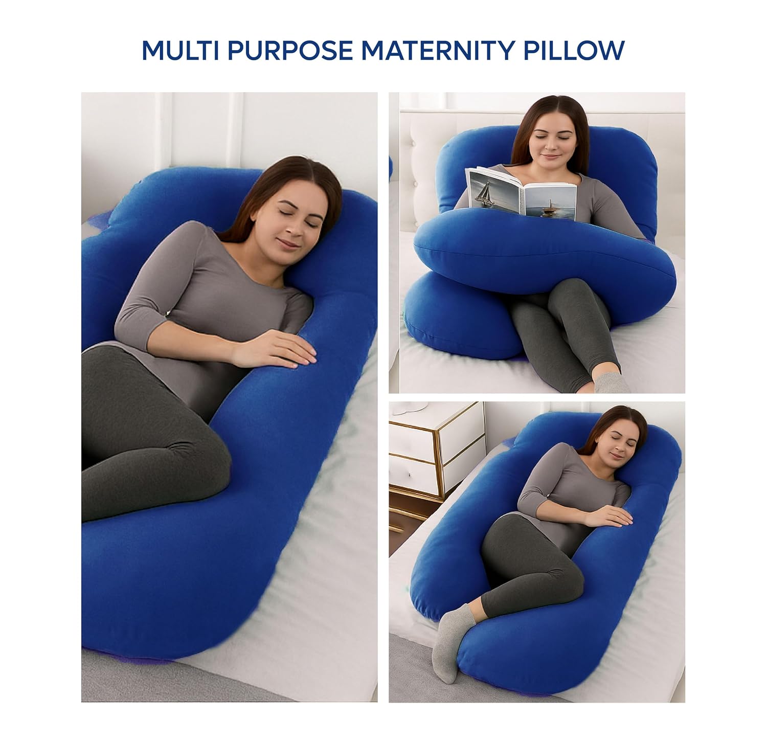 J Shape Pregnancy Pillows For Sleeping, Maternity Support, Soft Pillow, Blue | Multipurpose Pillow For Back, Hips, Support With Removable Washable Velvet Cover, Perfect For All Sleepers